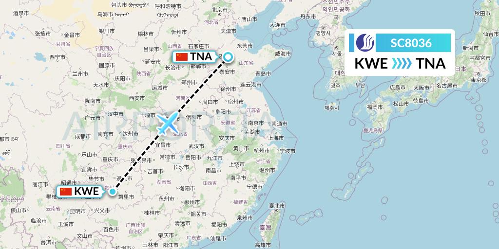 SC8036 Shandong Airlines Flight Map: Guiyang to Jinan