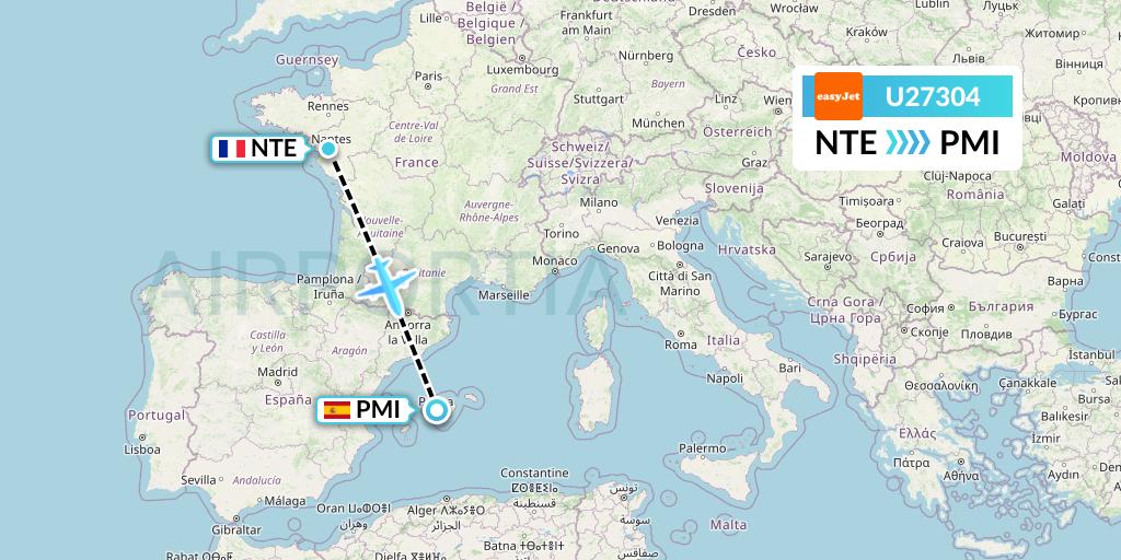 U27304 EasyJet Flight Map: Nantes to Palma de Mallorca