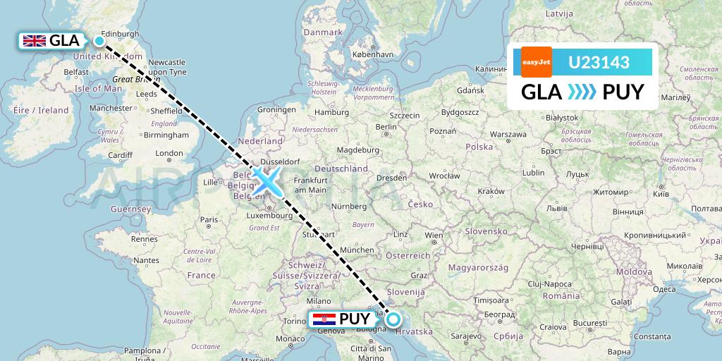 U23143 EasyJet Flight Map: Glasgow to Pula