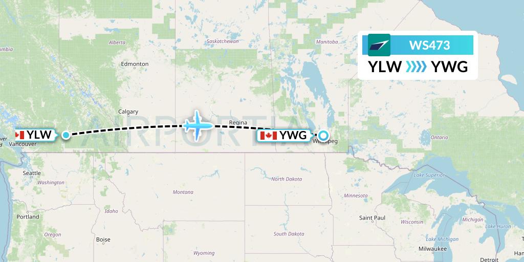 WS473 WestJet Flight Map: Kelowna to Winnipeg
