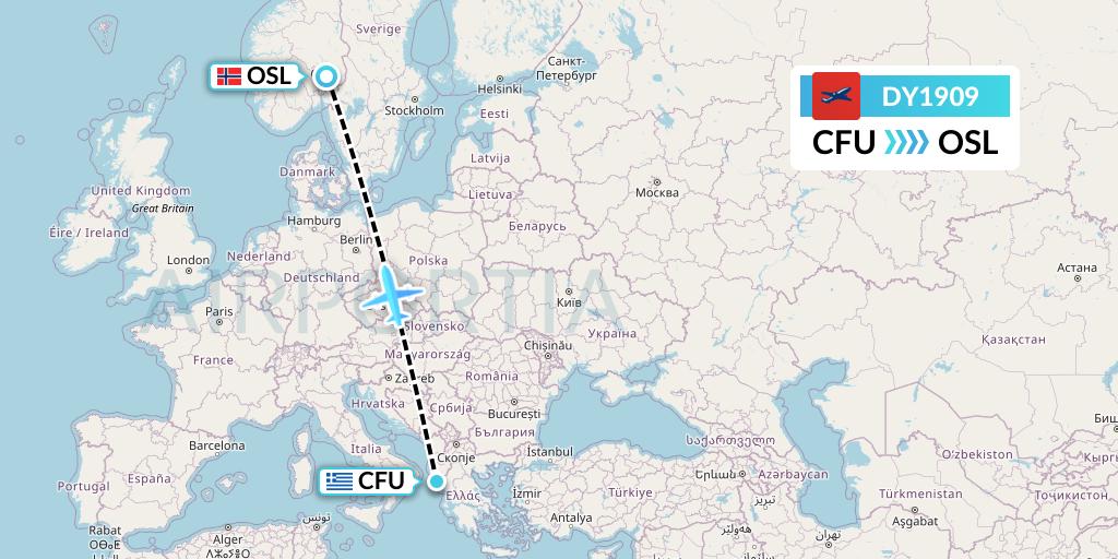 DY1909 Norwegian Flight Map: Corfu to Oslo