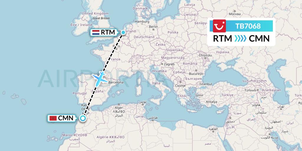 TB7068 TUI fly Belgium Flight Map: Rotterdam to Casablanca
