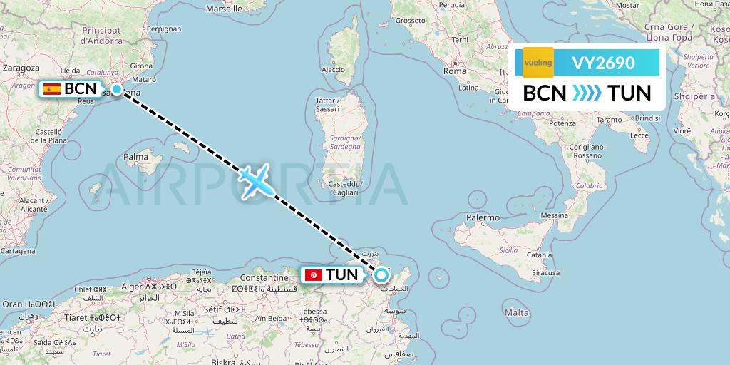 VY2690 Vueling Flight Map: Barcelona to Tunis