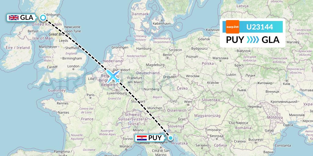 U23144 EasyJet Flight Map: Pula to Glasgow