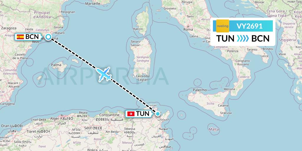 VY2691 Vueling Flight Map: Tunis to Barcelona