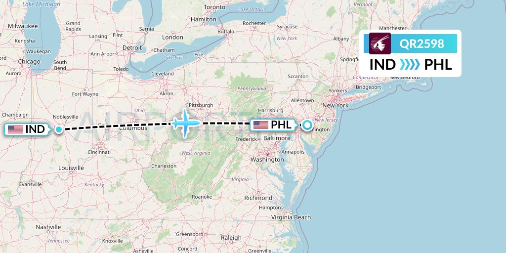 QR2598 Qatar Airways Flight Map: Indianapolis to Philadelphia