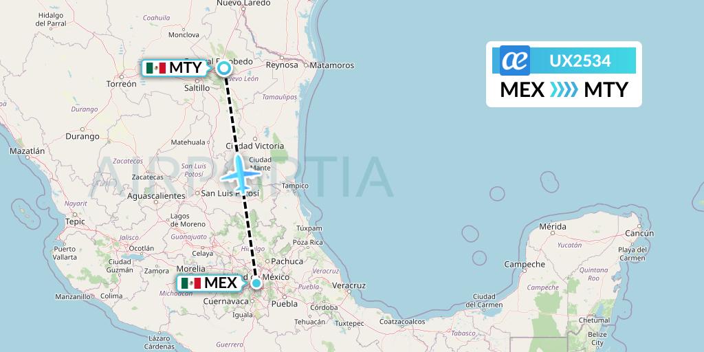 UX2534 Air Europa Flight Map: Mexico City to Monterrey
