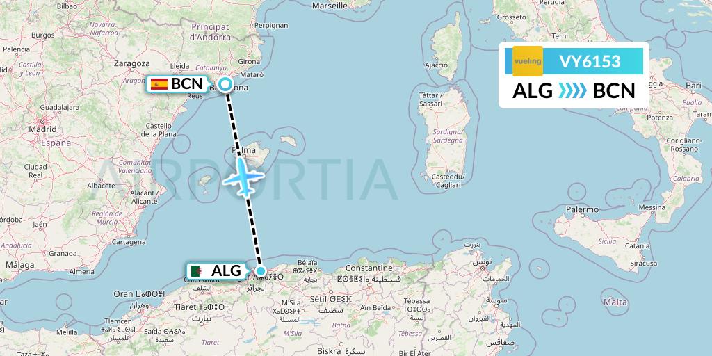 VY6153 Vueling Flight Map: Algiers to Barcelona