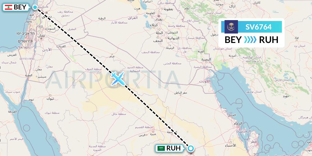 SV6764 Saudi Arabian Airlines Flight Map: Beirut to Riyadh