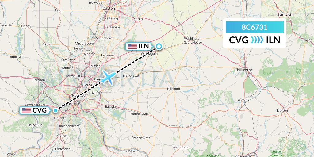 8C6731 Air Transport International Flight Map: Cincinnati to Wilmington