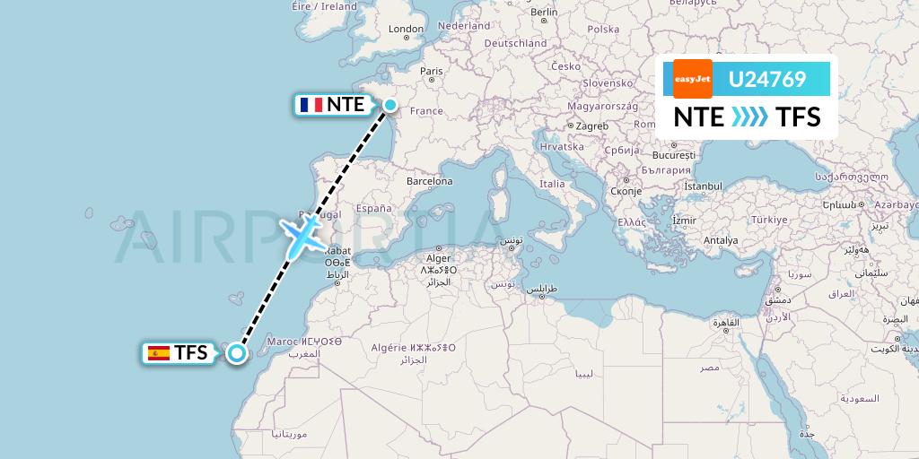 U24769 EasyJet Flight Map: Nantes to Tenerife