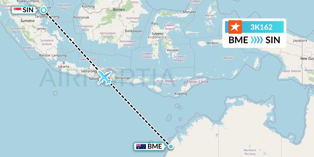 3K162 Jetstar Asia Flight Map: Broome to Singapore