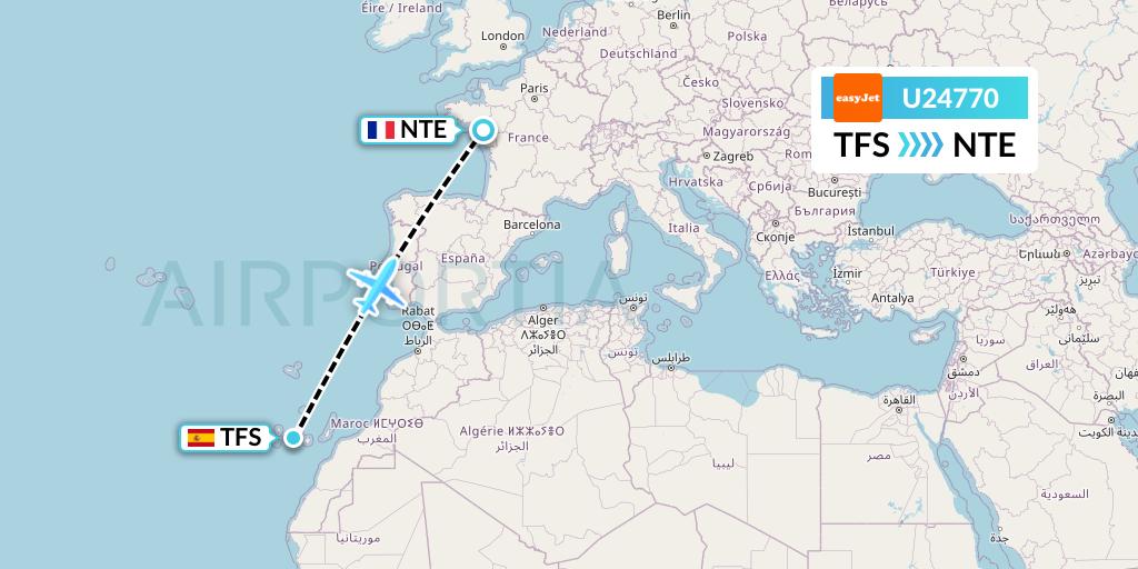 U24770 EasyJet Flight Map: Tenerife to Nantes