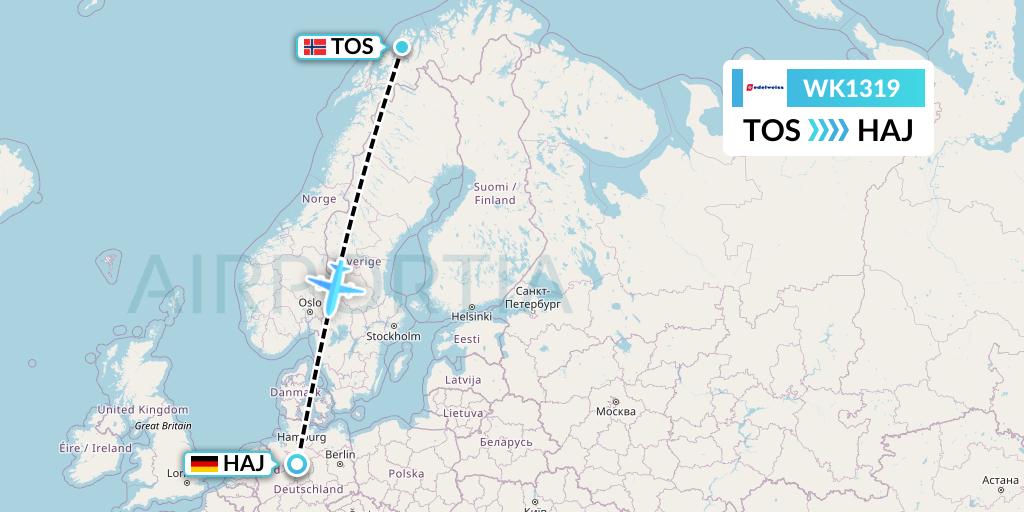 WK1319 Edelweiss Air Flight Map: Tromso to Hannover