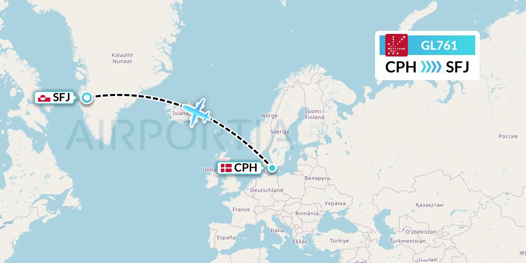 GL761 Air Greenland Flight Map: Copenhagen to Kangerlussuaq