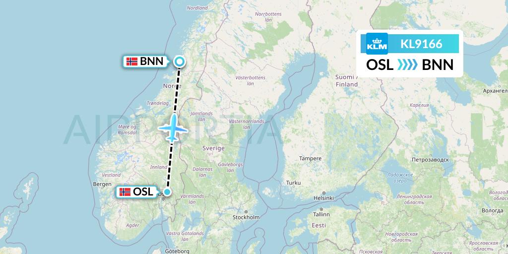 KL9166 KLM Flight Map: Oslo to Bronnoysund