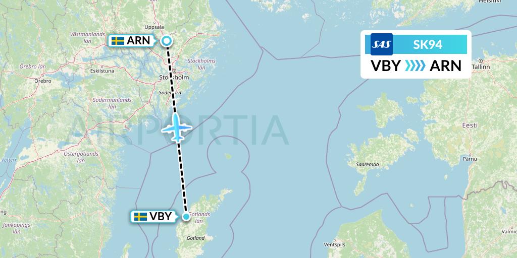 SK94 SAS Flight Map: Visby to Stockholm