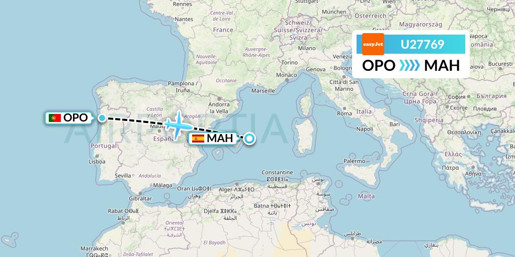 U27769 EasyJet Flight Map: Porto to Mahon