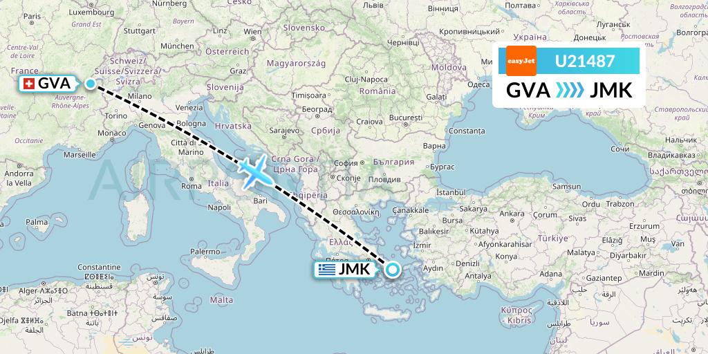 U21487 EasyJet Flight Map: Geneva to Mykonos