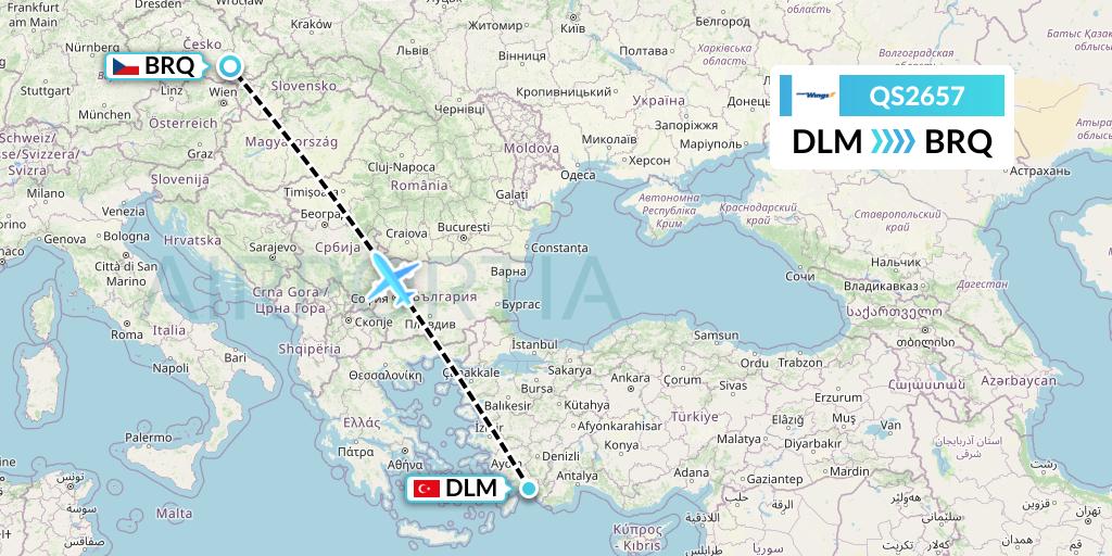 QS2657 Smartwings Flight Map: Dalaman to Brno