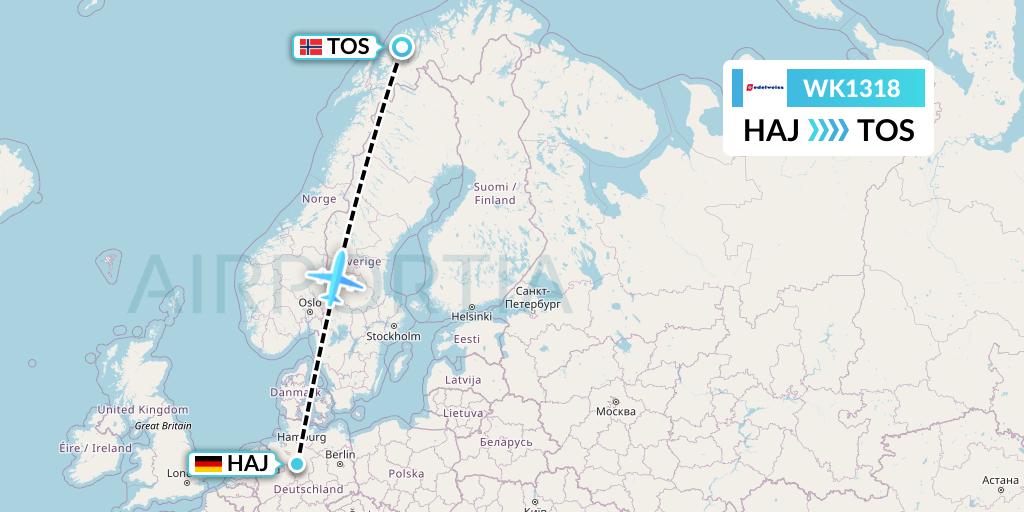 WK1318 Edelweiss Air Flight Map: Hannover to Tromso