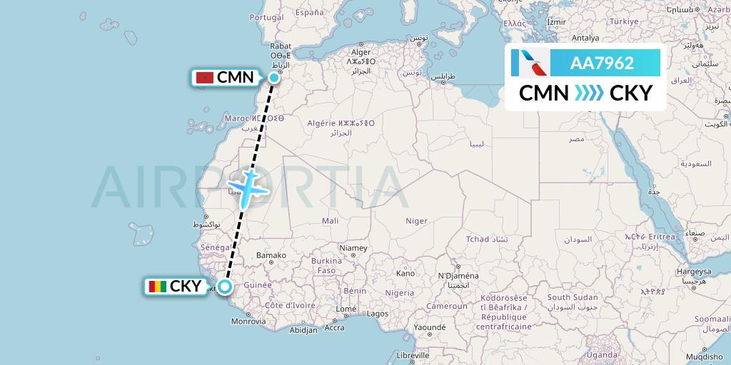 AA7962 American Airlines Flight Map: Casablanca to Conakry
