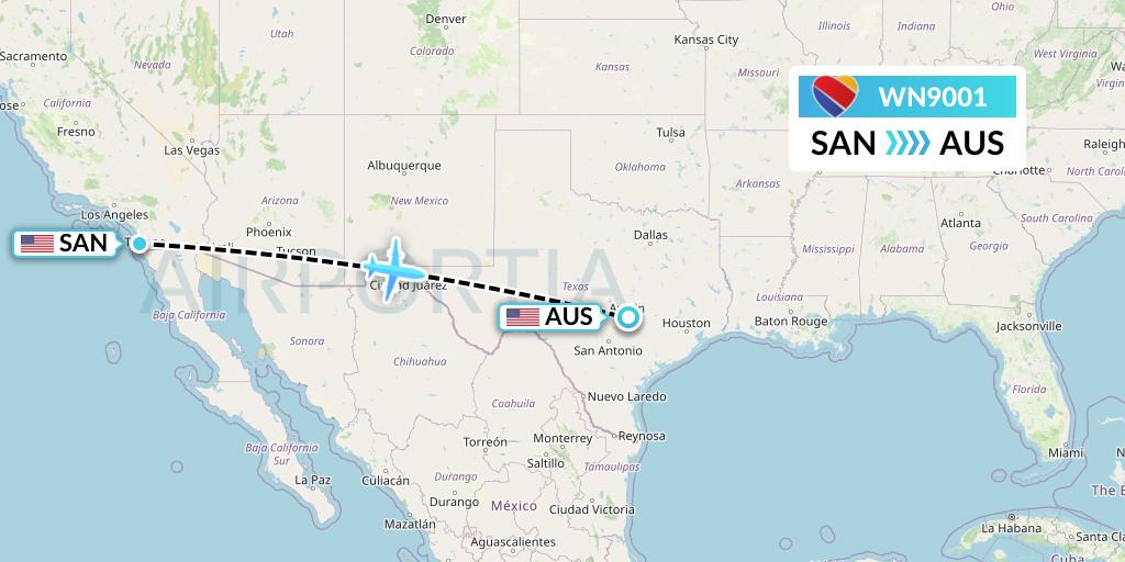 WN9001 Southwest Airlines Flight Map: San Diego to Austin