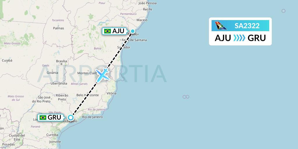 SA2322 South African Airways Flight Map: Aracaju to Sao Paulo