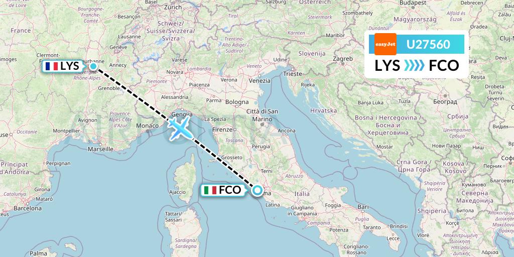 U27560 EasyJet Flight Map: Lyon to Rome