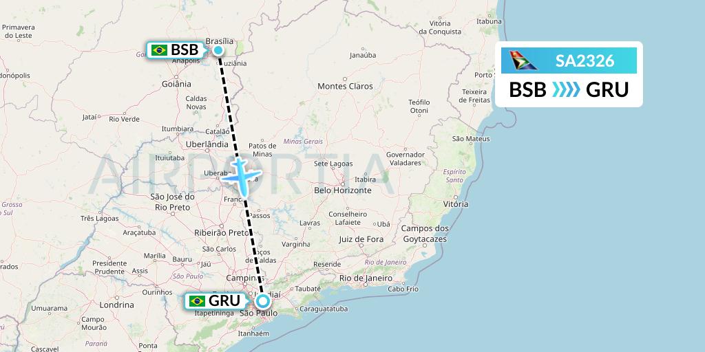 SA2326 South African Airways Flight Map: Brasilia to Sao Paulo