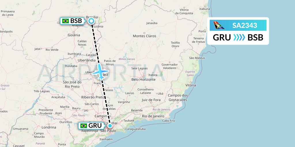 SA2343 South African Airways Flight Map: Sao Paulo to Brasilia