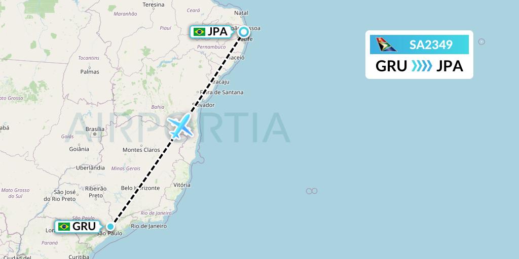 SA2349 South African Airways Flight Map: Sao Paulo to Joao Pessoa