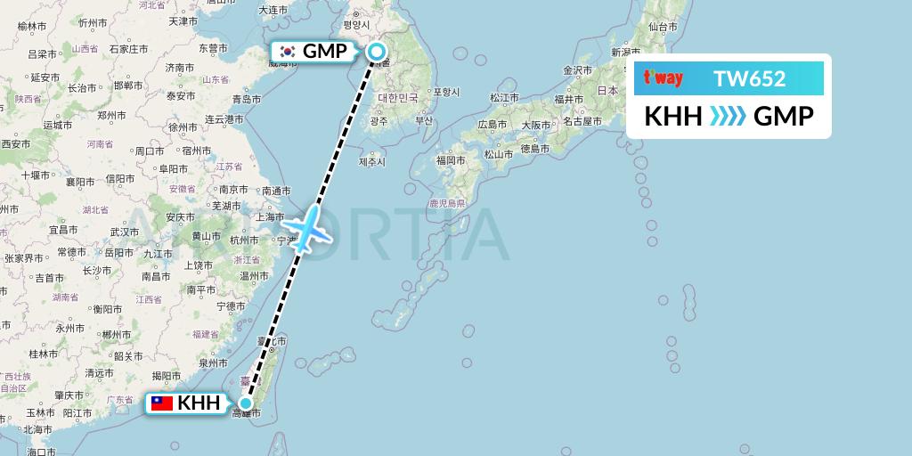 TW652 T'way Air Flight Map: Kaohsiung to Seoul