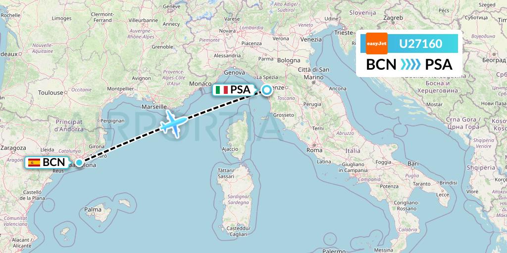 U27160 EasyJet Flight Map: Barcelona to Pisa