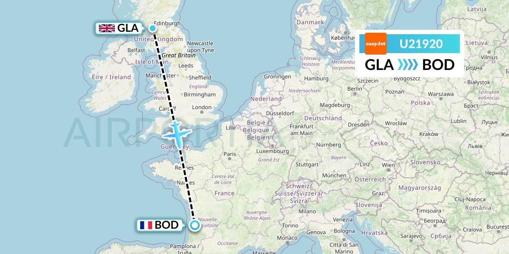 U21920 EasyJet Flight Map: Glasgow to Bordeaux