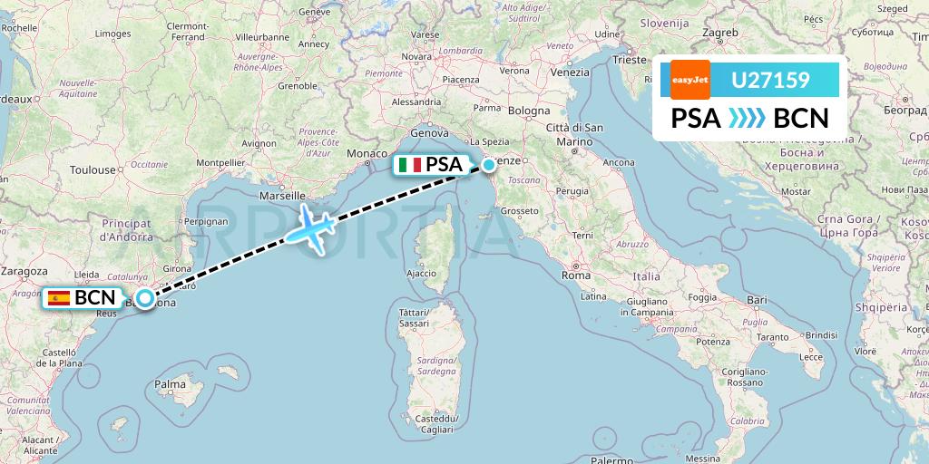 U27159 EasyJet Flight Map: Pisa to Barcelona