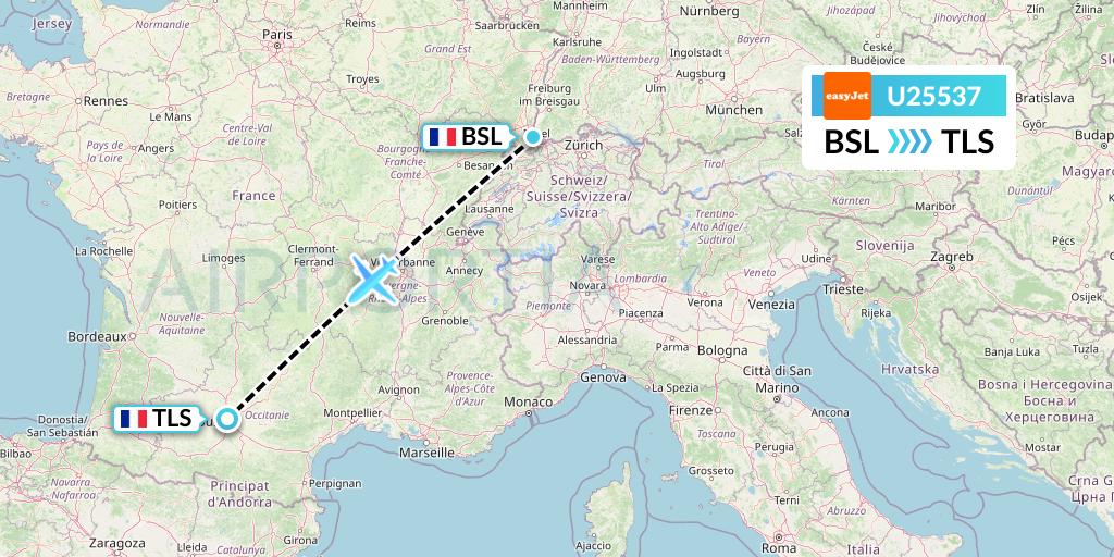 U25537 EasyJet Flight Map: Basel to Toulouse