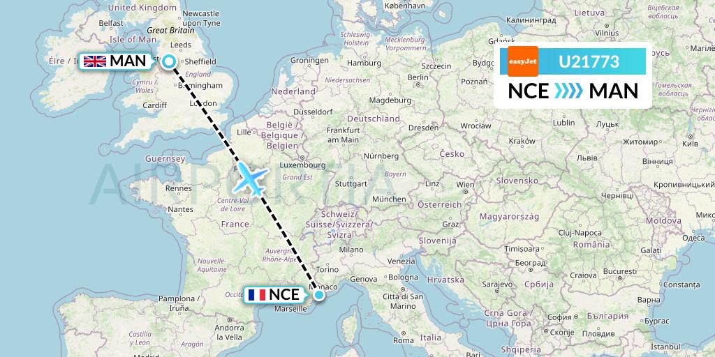 U21773 EasyJet Flight Map: Nice to Manchester