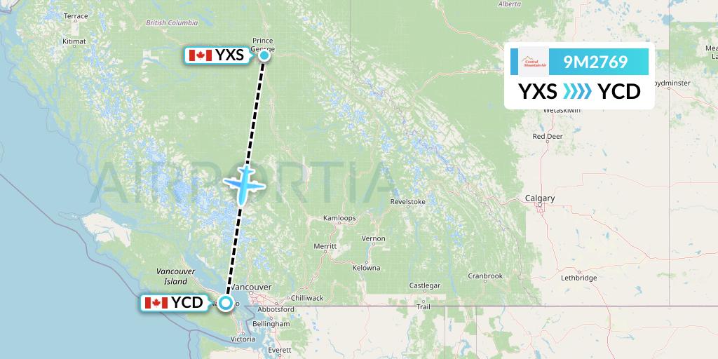 9M2769 Central Mountain Air Flight Map: Prince George to Nanaimo