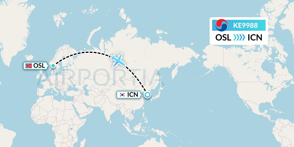 KE9988 Korean Air Flight Map: Oslo to Seoul