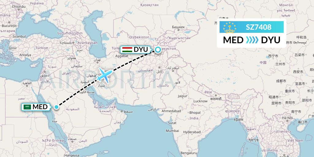 SZ7408 Somon Air Flight Map: Medina to Dushanbe