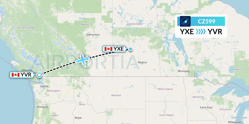 CZ599 China Southern Airlines Flight Map: Saskatoon to Vancouver