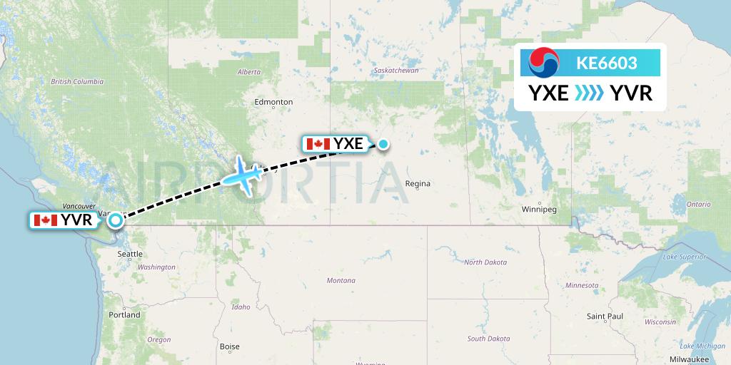 KE6603 Korean Air Flight Map: Saskatoon to Vancouver