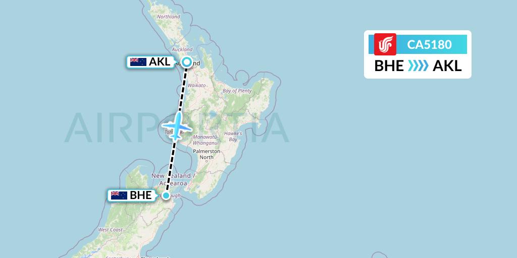 CA5180 Air China Flight Map: Blenheim to Auckland