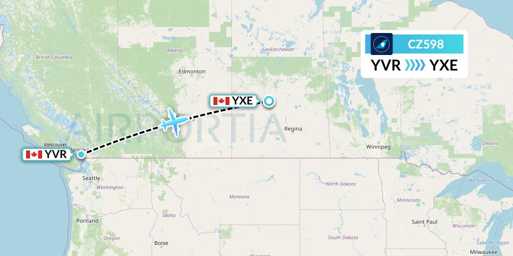 CZ598 China Southern Airlines Flight Map: Vancouver to Saskatoon
