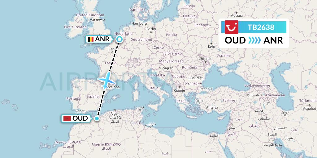 TB2638 TUI fly Belgium Flight Map: Oujda to Antwerp