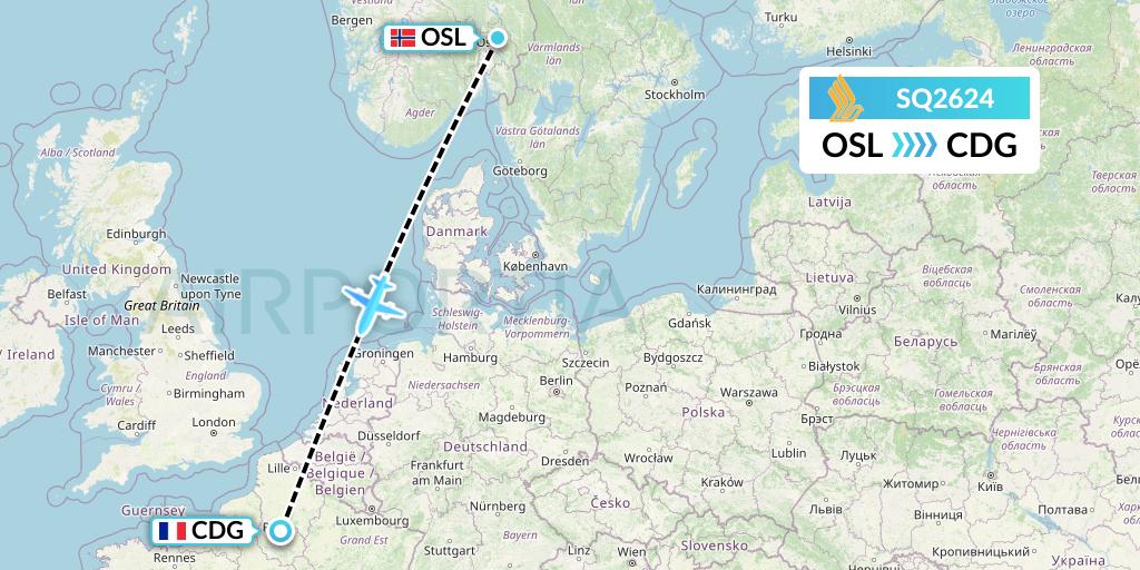 SQ2624 Singapore Airlines Flight Map: Oslo to Paris