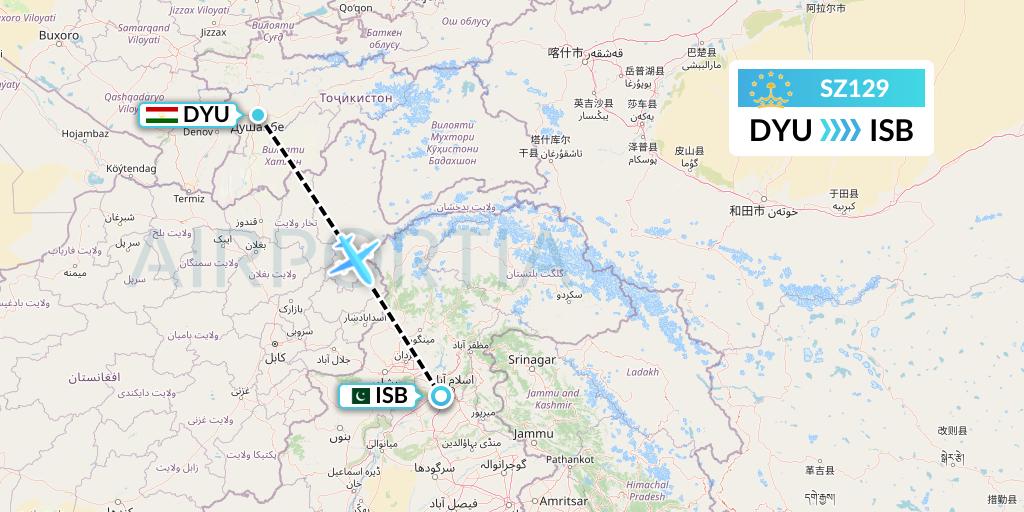 SZ129 Somon Air Flight Map: Dushanbe to Islamabad