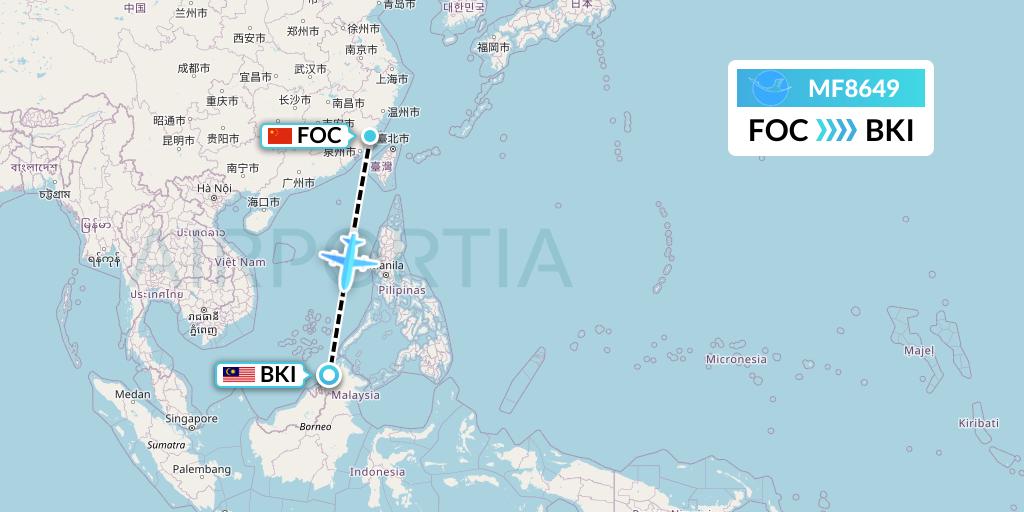 MF8649 Xiamen Airlines Flight Map: Fuzhou to Kota Kinabalu