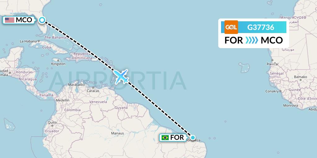 G37736 GOL Transportes Aeros Flight Map: Fortaleza to Orlando